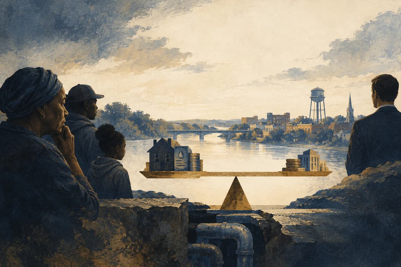 Painted illustration of a family watching a scale that weighs a home and water bill against money and a corporate building.